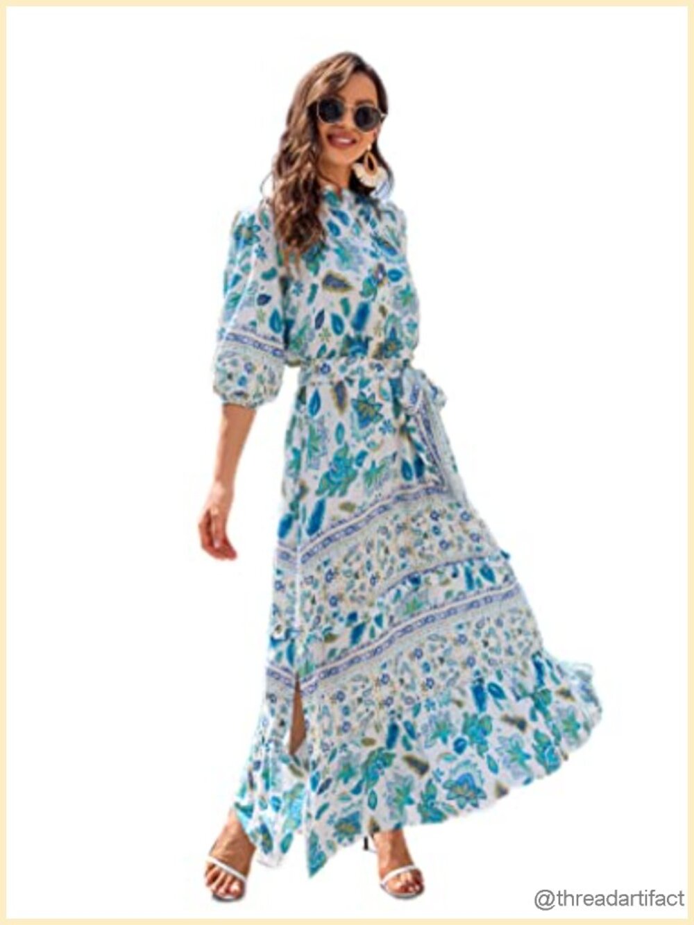 Boho High-Waist Floral Print Maxi Dress 3/4 Sleeve Soft Rayon